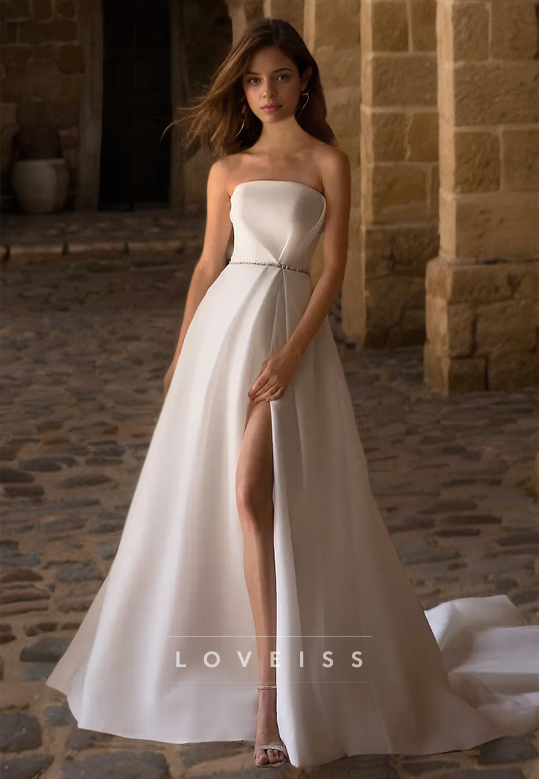 Straight Across Sleeveless Side Slit Sleek Satin A-Line Wedding Dress