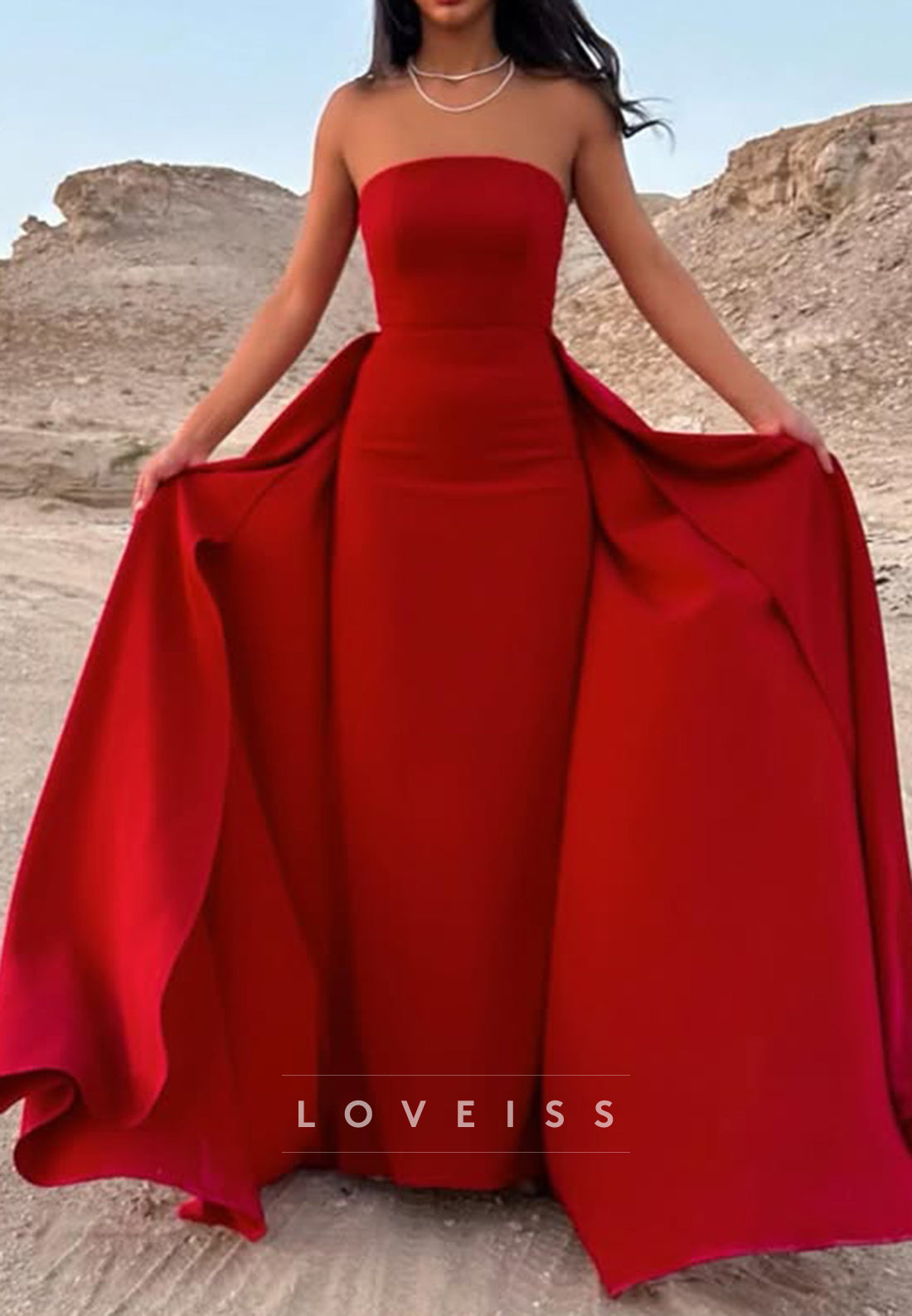 Straight Across Sleeveless Sleek Mermaid Removable Train Evening Dress