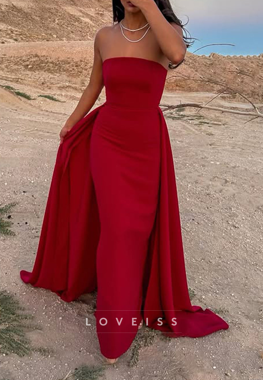 Straight Across Sleeveless Sleek Mermaid Removable Train Evening Dress