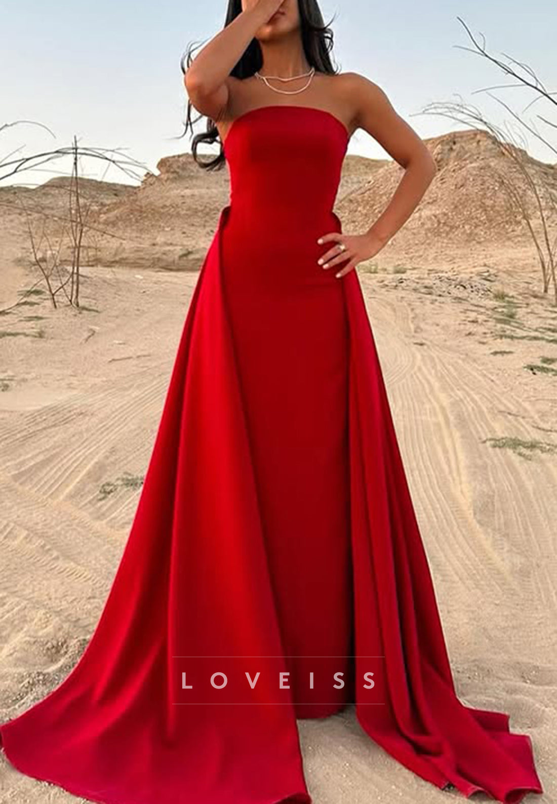 Straight Across Sleeveless Sleek Mermaid Removable Train Evening Dress