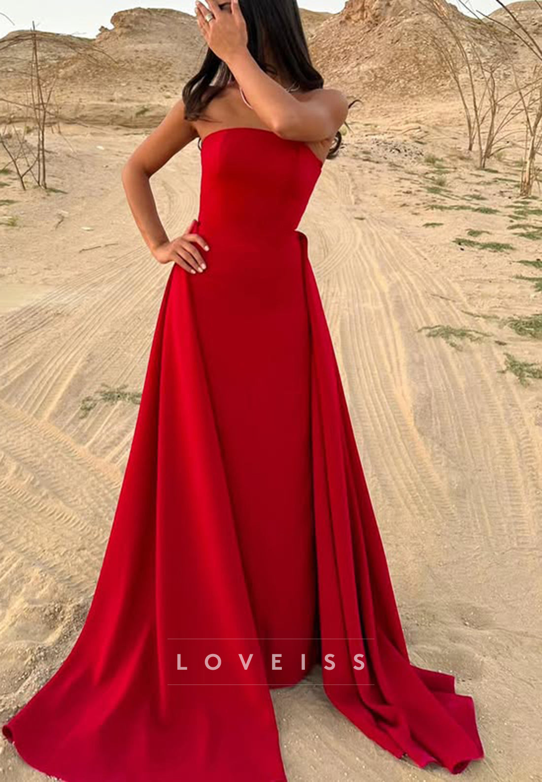 Straight Across Sleeveless Sleek Mermaid Removable Train Evening Dress