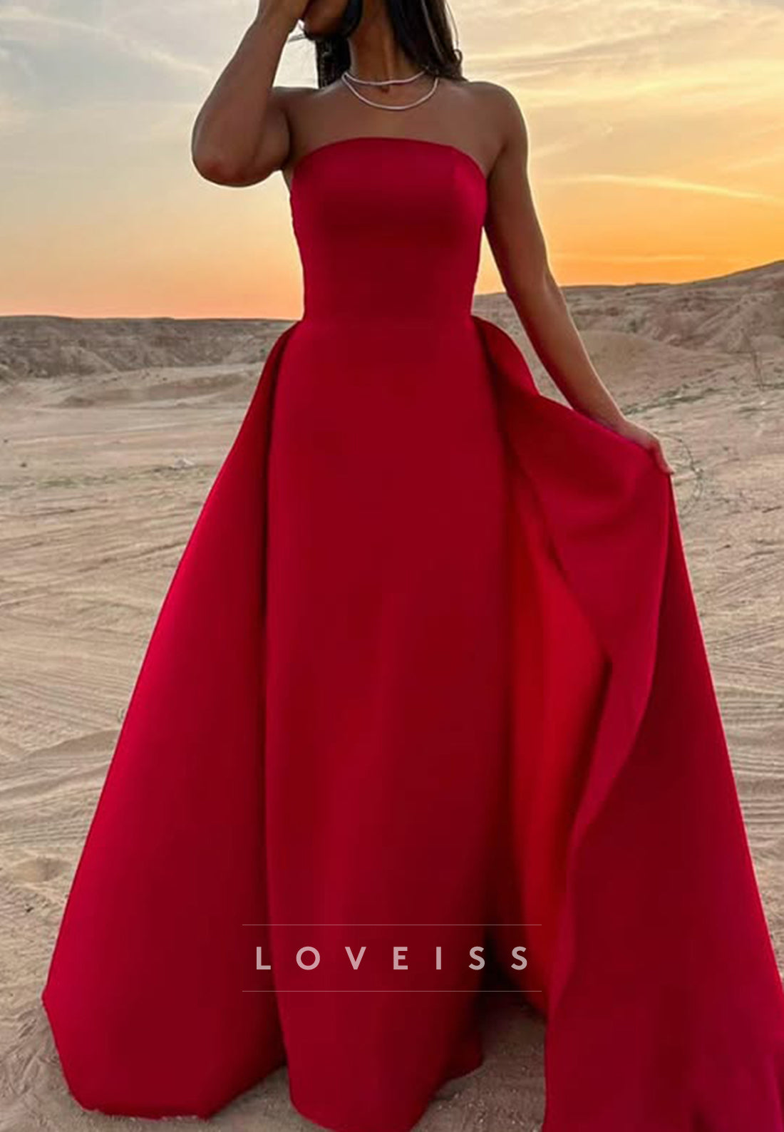 Straight Across Sleeveless Sleek Mermaid Removable Train Evening Dress