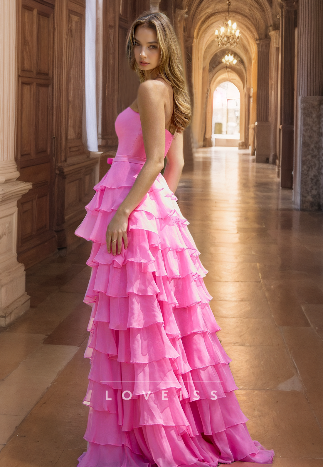 Straight Across Sleeveless Tiered A-Lien Prom Dress