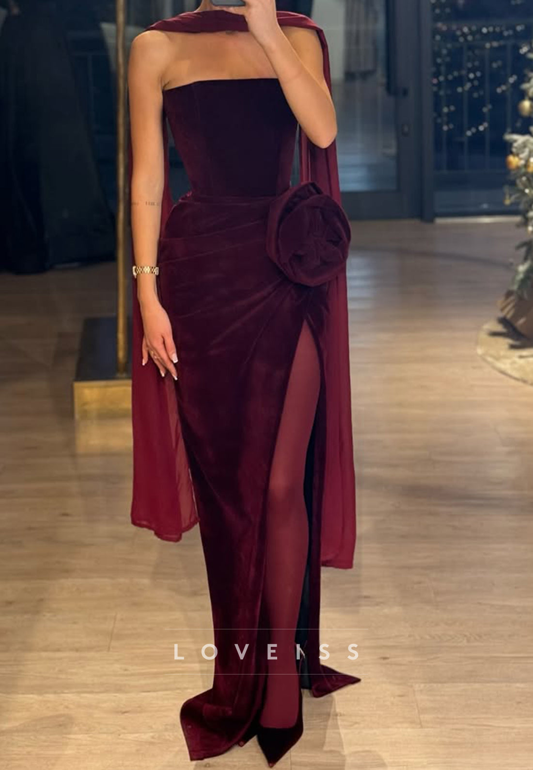 Straight Across Strapless Floral Embellished Sheath Formal Dress