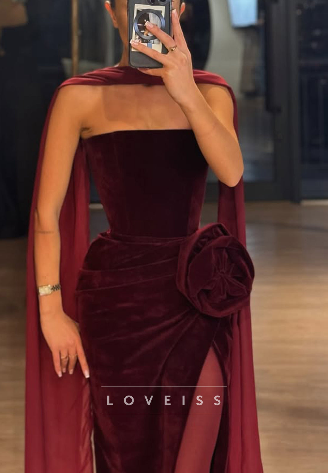 Straight Across Strapless Floral Embellished Sheath Formal Dress