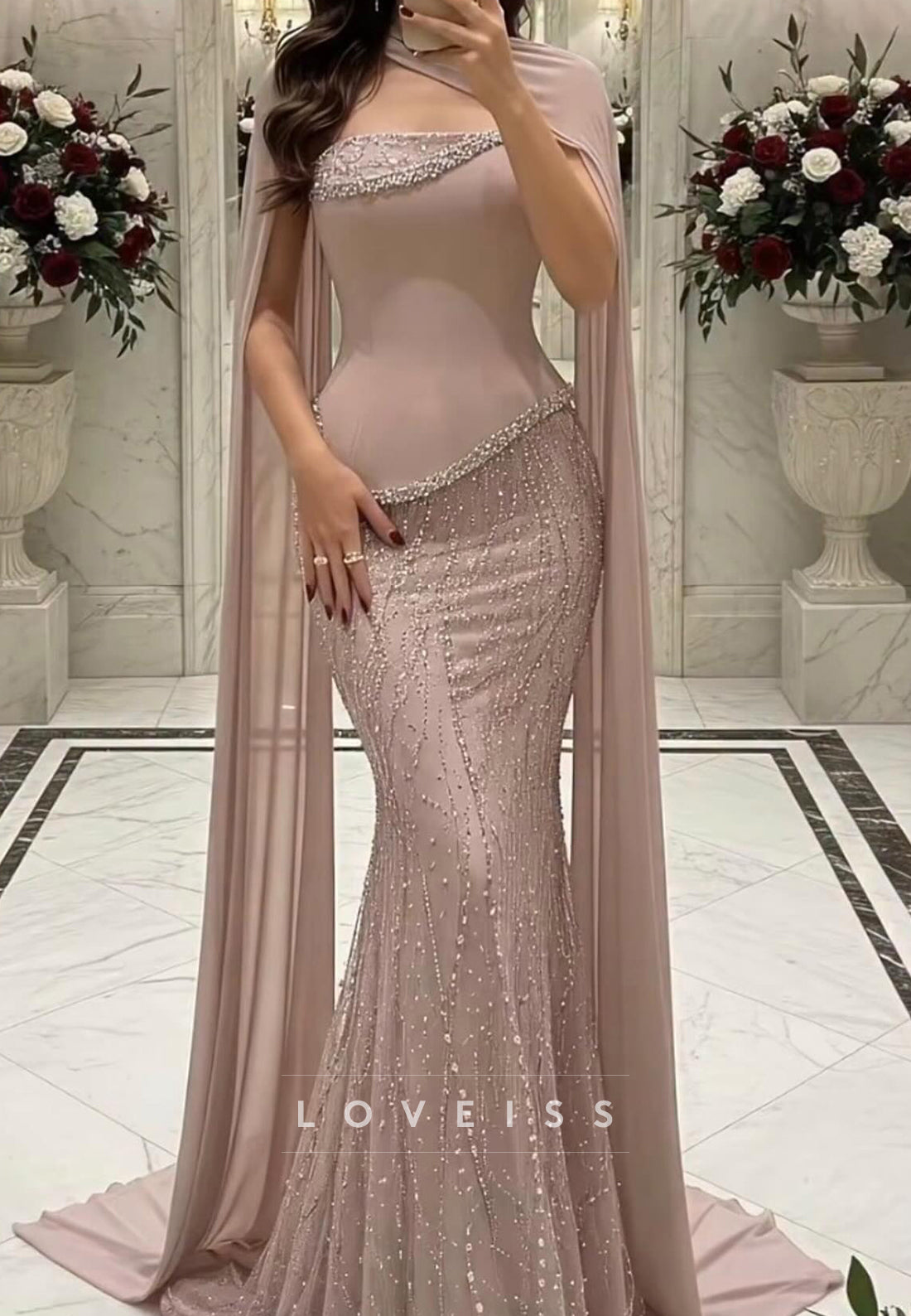 Straight Aross Beaded Embroidery Mermaid Evening Dress with Shawl