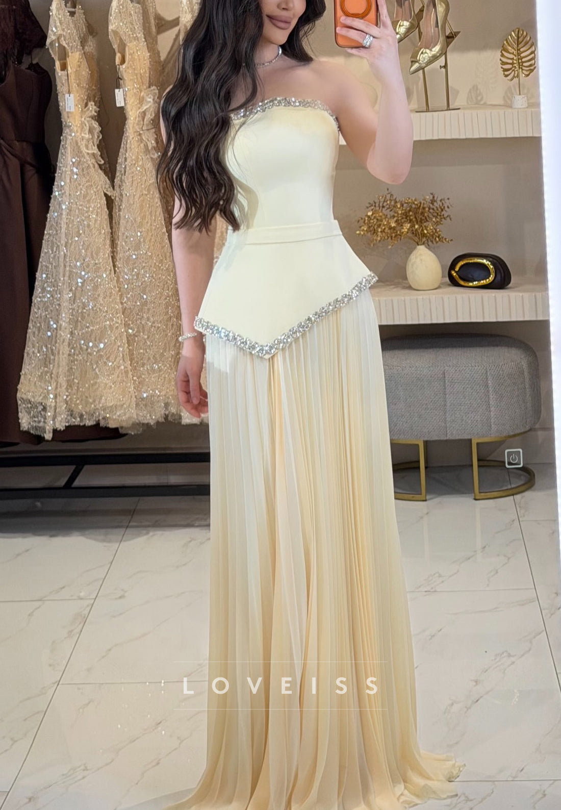 Strapless Beaded Pleated Yellow A-Line Prom Dress