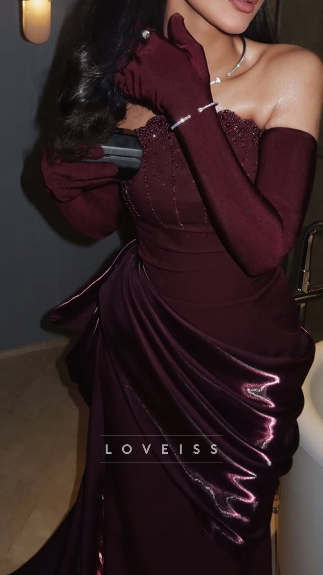 Strapless Beaded Sleek Satin Mermaid Evening Dress