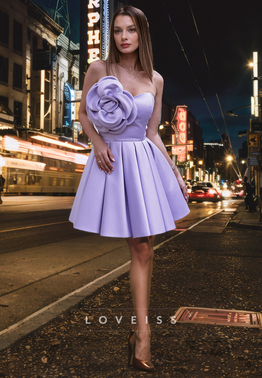 Strapless Floral Embossed Sleek Satin Elegant Party Homecoming Dress