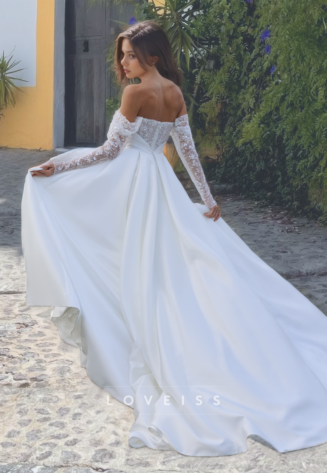 Strapless Long Sleeves Appliques Pleated Sleek Satin A-Line Wedding Dress
