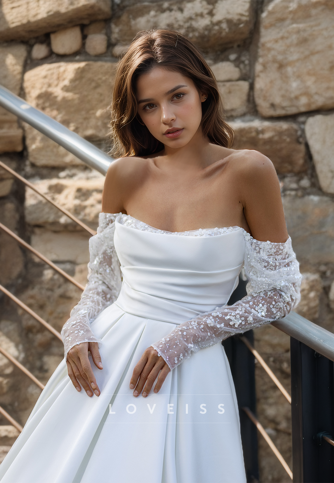 Strapless Long Sleeves Appliques Pleated Sleek Satin A-Line Wedding Dress
