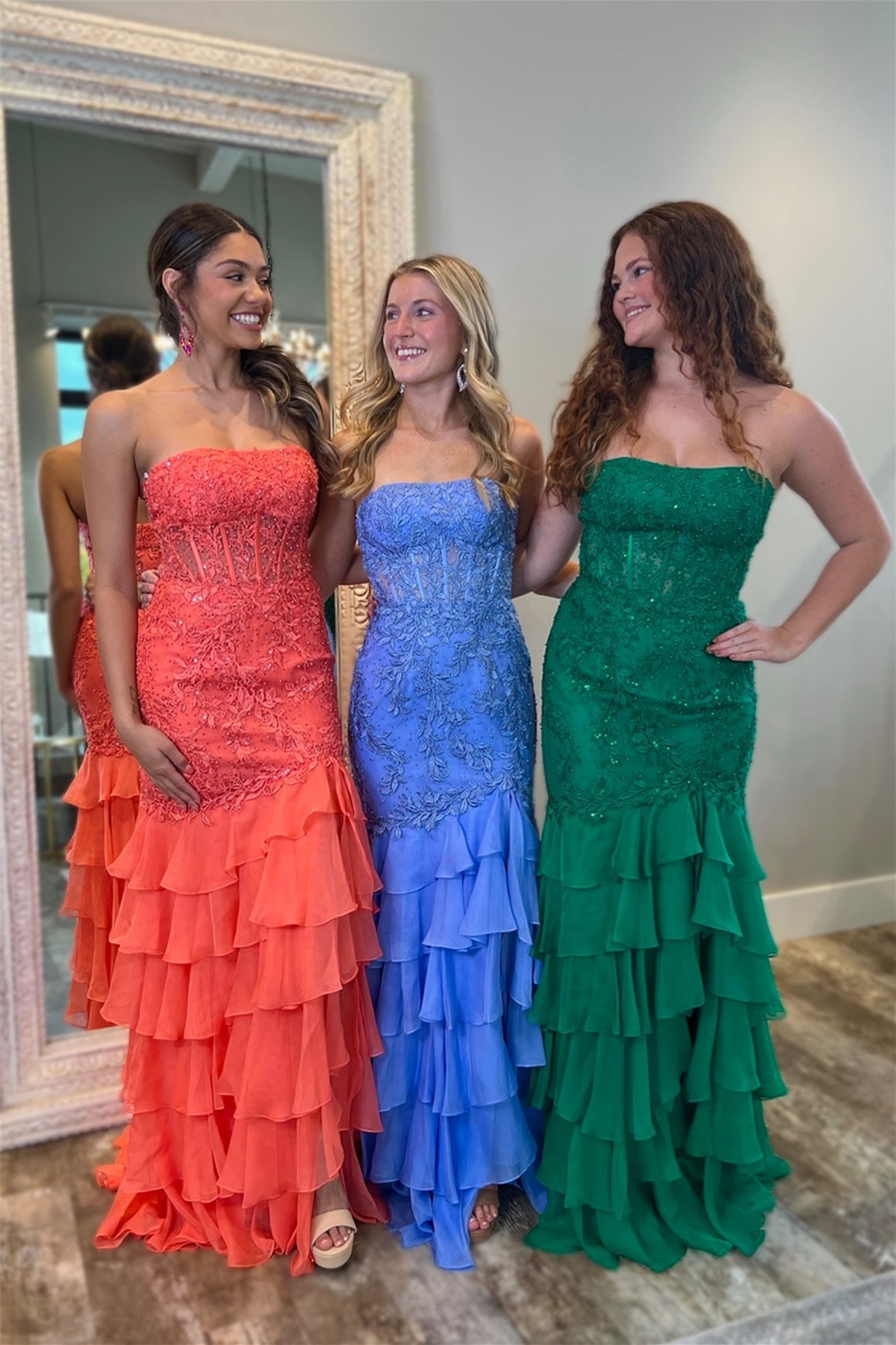 Strapless Mint Appliques Tiered Chiffon Long Dress