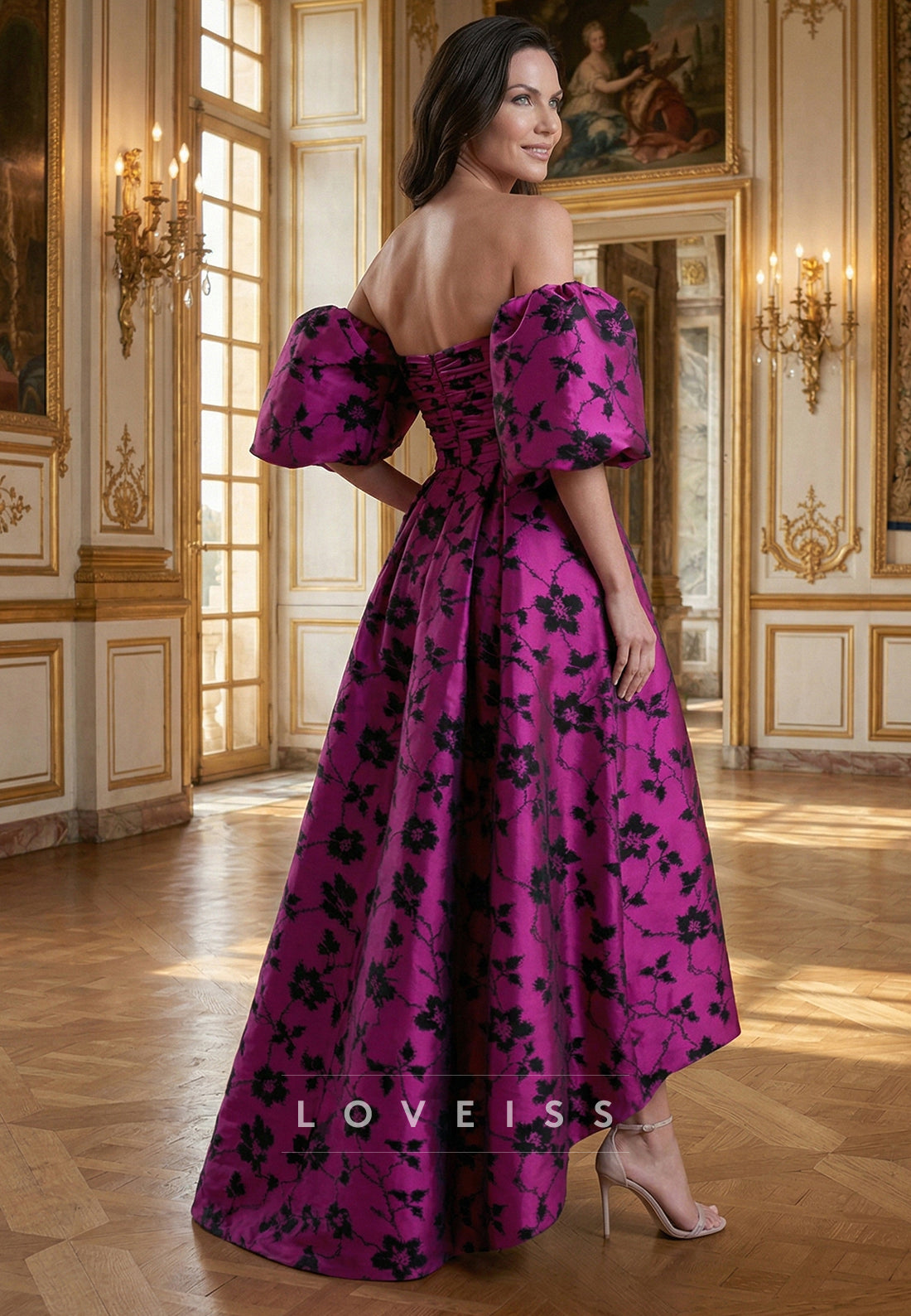 Strapless Puff Sleeves Floral Printed A-Line Mother of Bride Dress