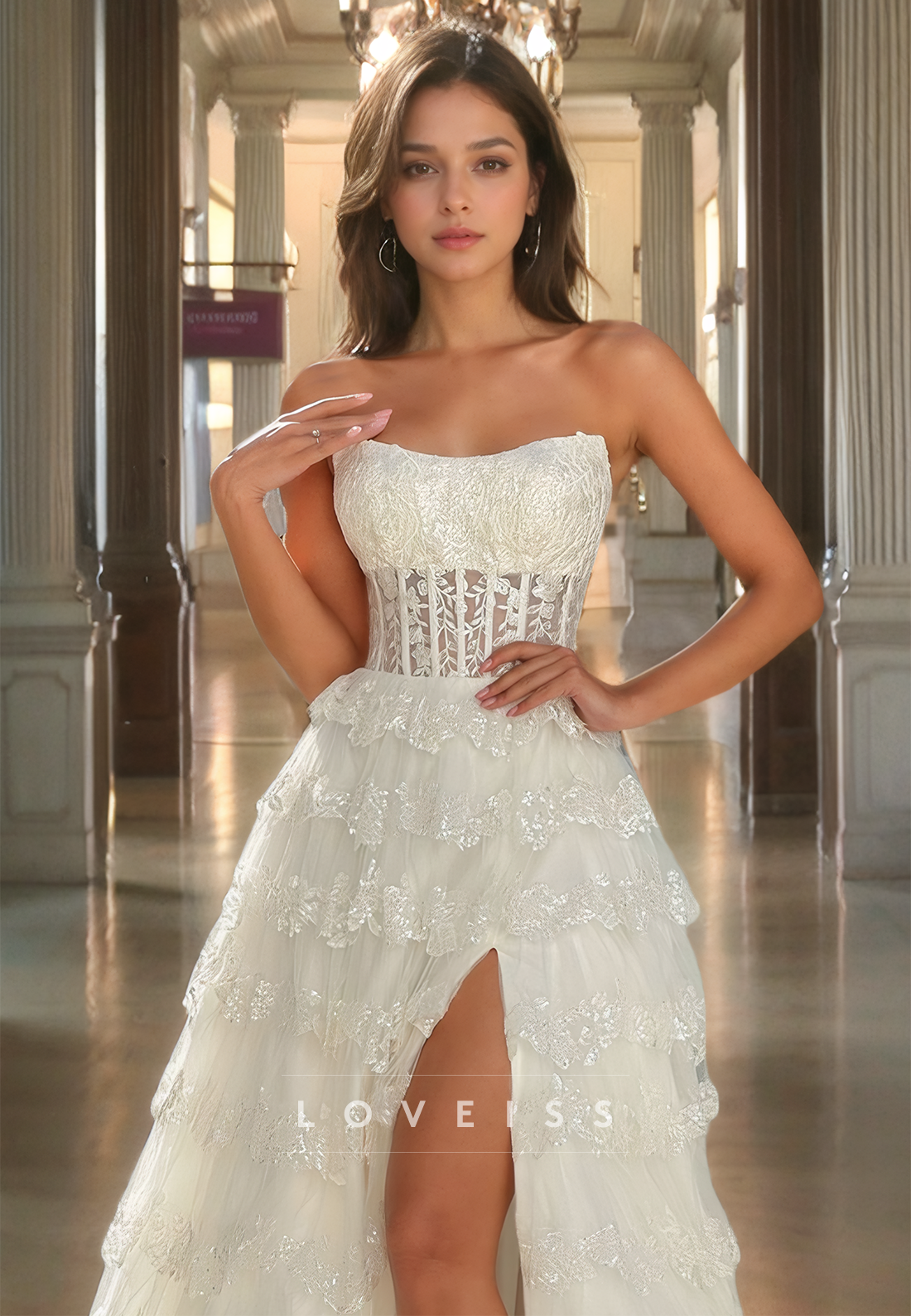 Strapless Sleeveless Tiered Appliques A-Line Prom Dress