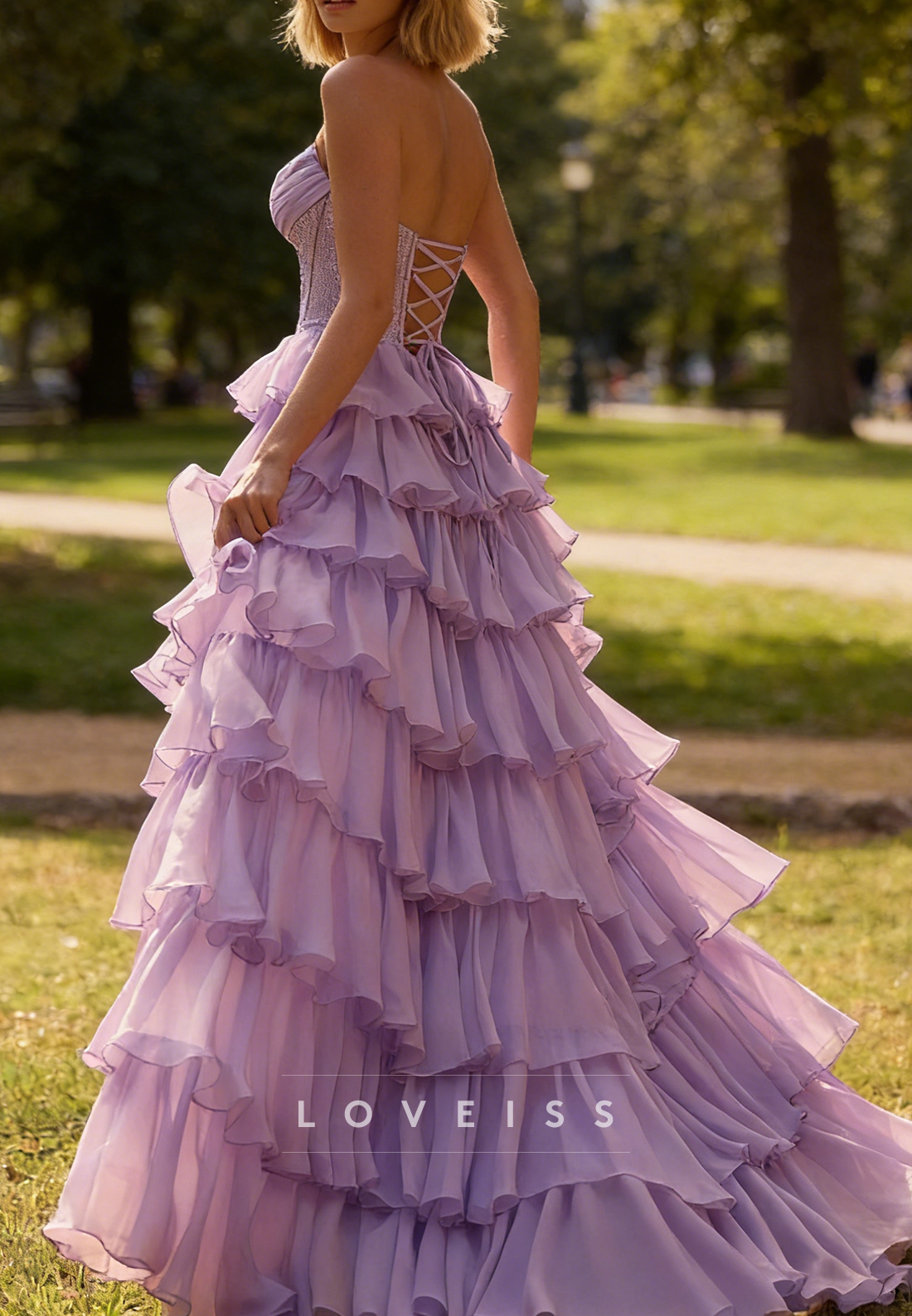 Strapless Sparkly Tiered Chiffon A-Line Prom Dress