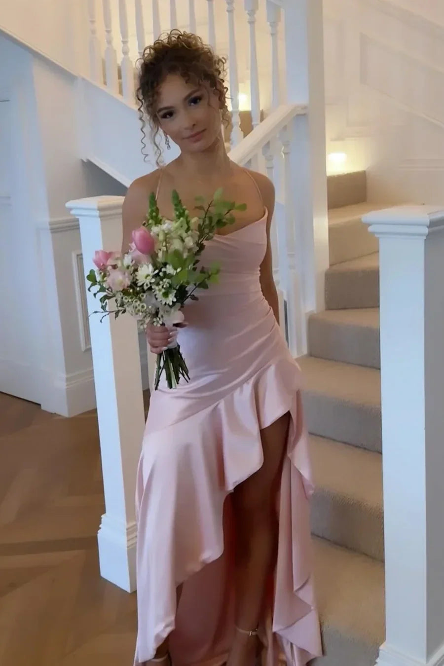 Stylish A Line Spaghetti Straps Pink Long Prom Dress with Ruffles