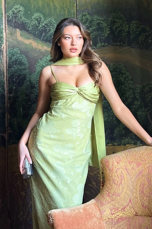 Stylish Sheath Spaghetti Straps Green Long Prom Dress with Scarf