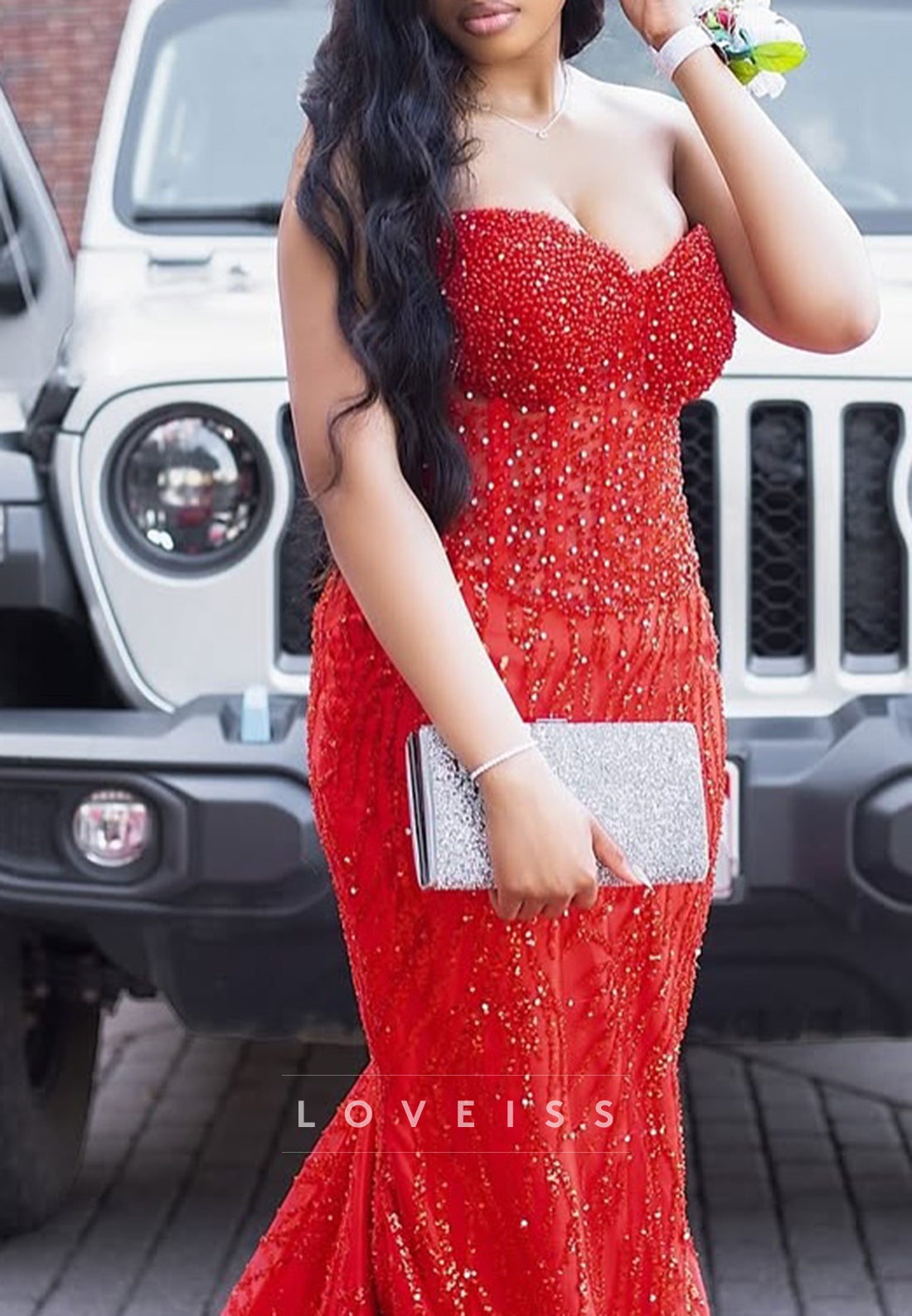 Sweetheart Beaded Embroidery Sparkly Mermaid Prom Dress for Black Girls