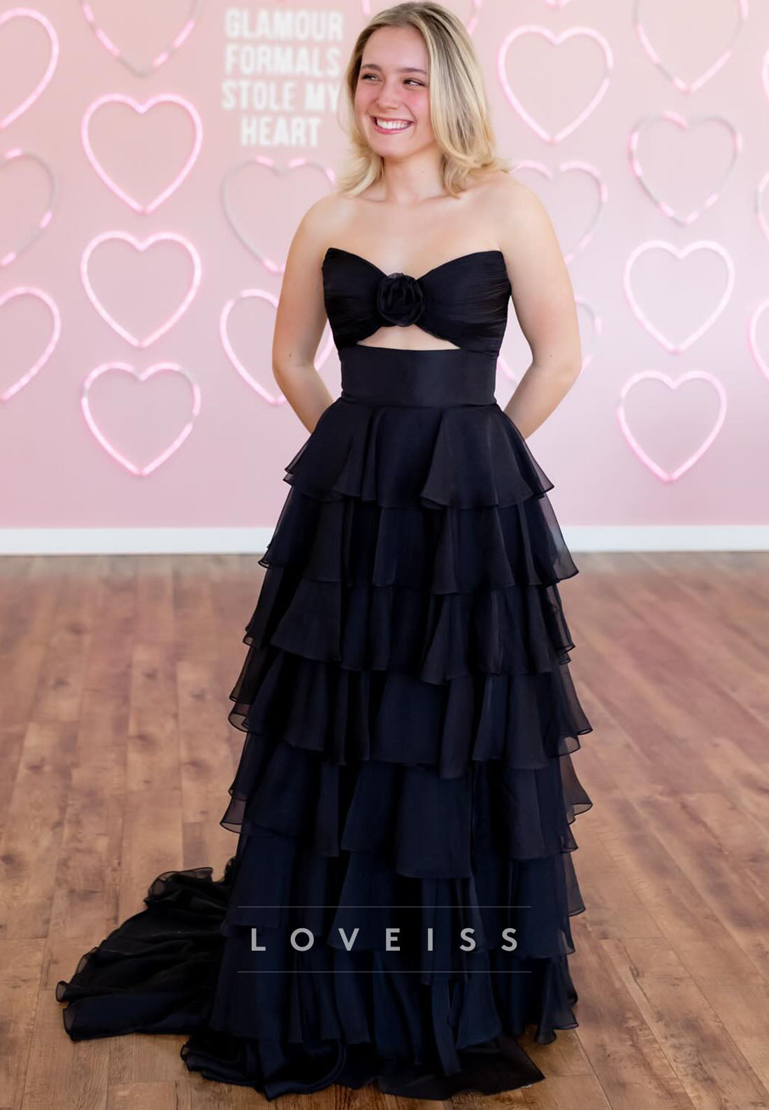 Sweeetheart Sleeveless Chiffon Tiered Illusion A-Line Prom Dress
