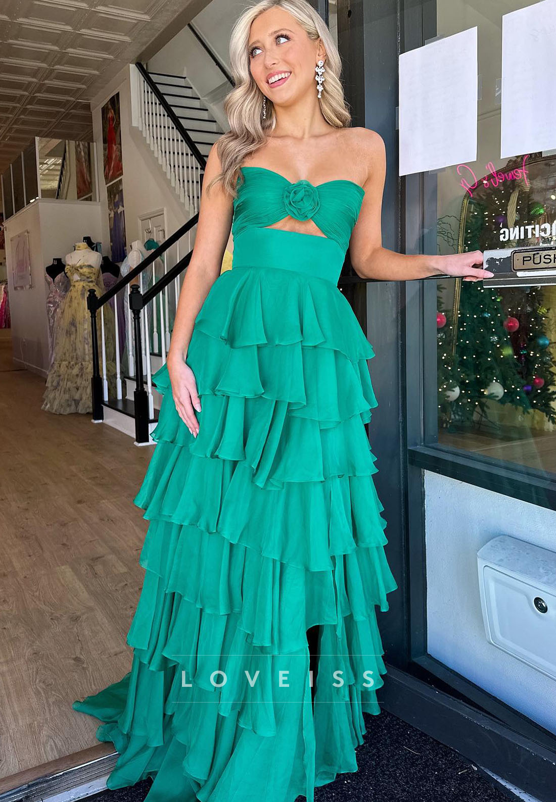 Sweeetheart Sleeveless Chiffon Tiered Illusion A-Line Prom Dress