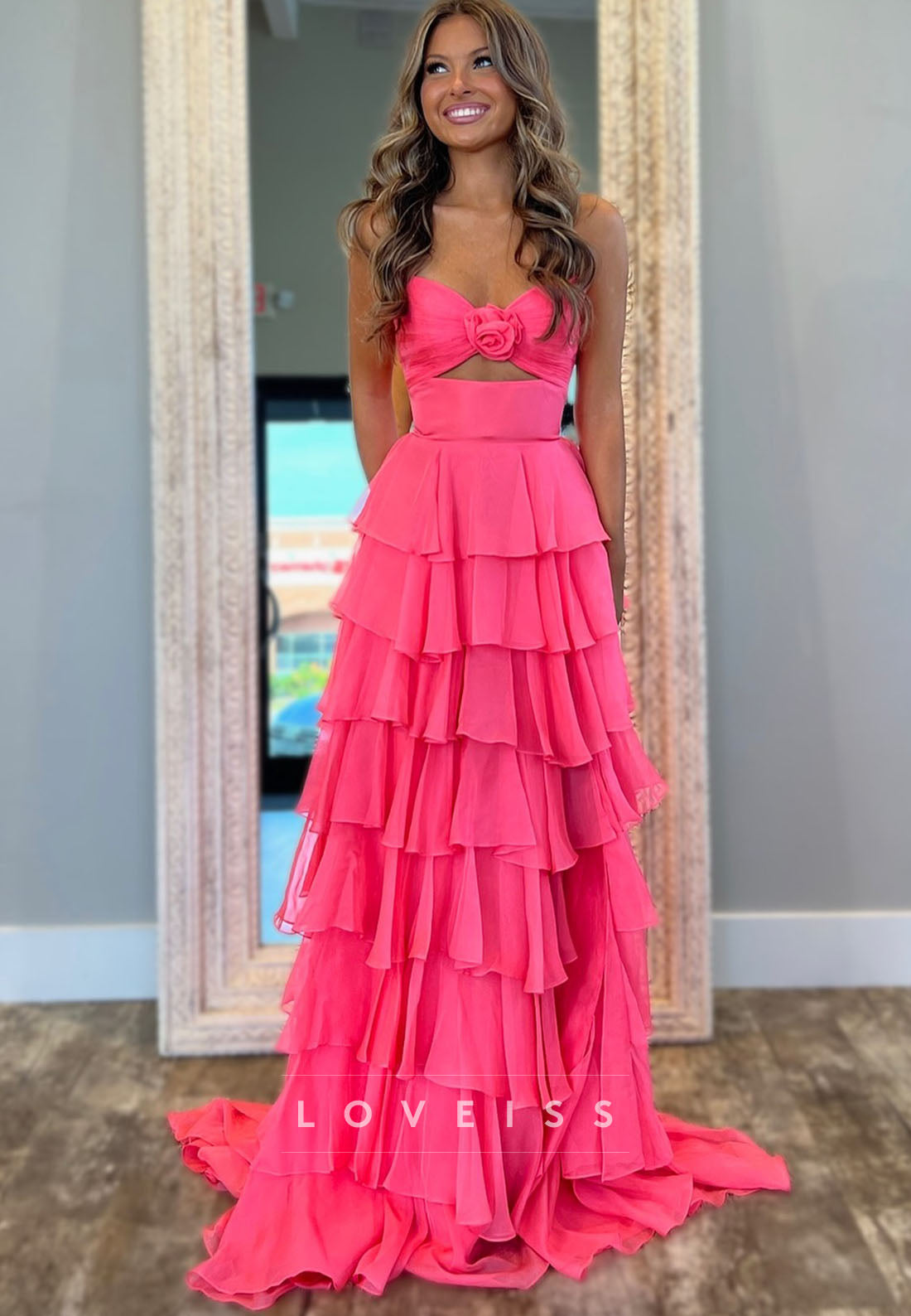 Sweeetheart Sleeveless Chiffon Tiered Illusion A-Line Prom Dress