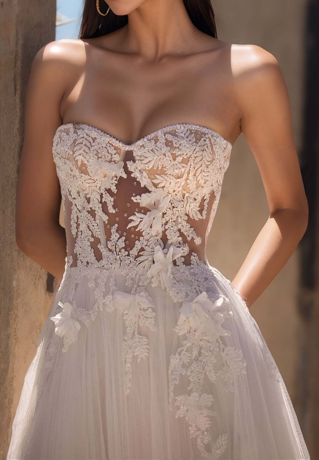 Sweetheart Strapless Appliques Tulle A-Line Beach Wedding Dress
