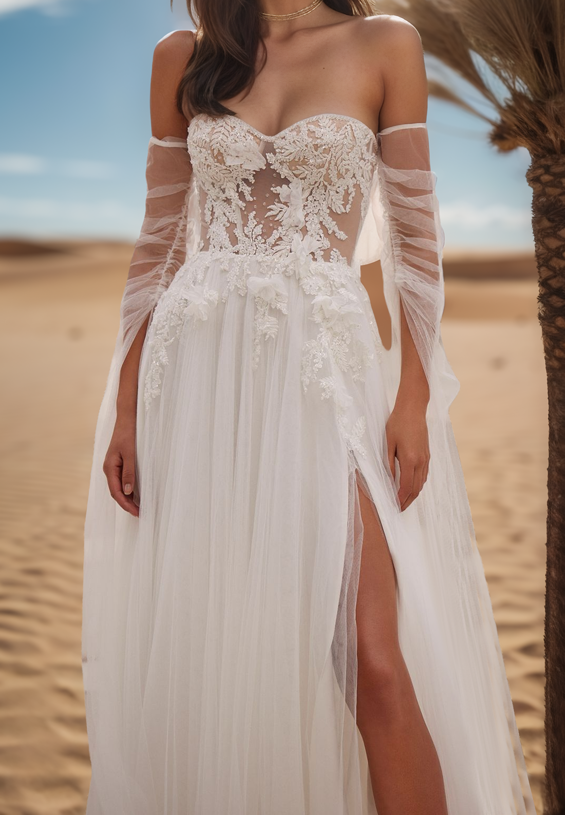 Sweetheart Strapless Appliques Tulle A-Line Beach Wedding Dress