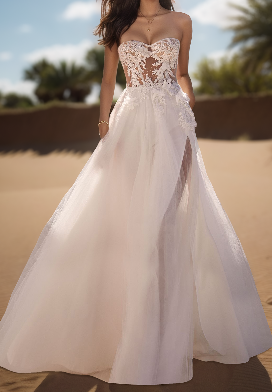 Sweetheart Strapless Appliques Tulle A-Line Beach Wedding Dress