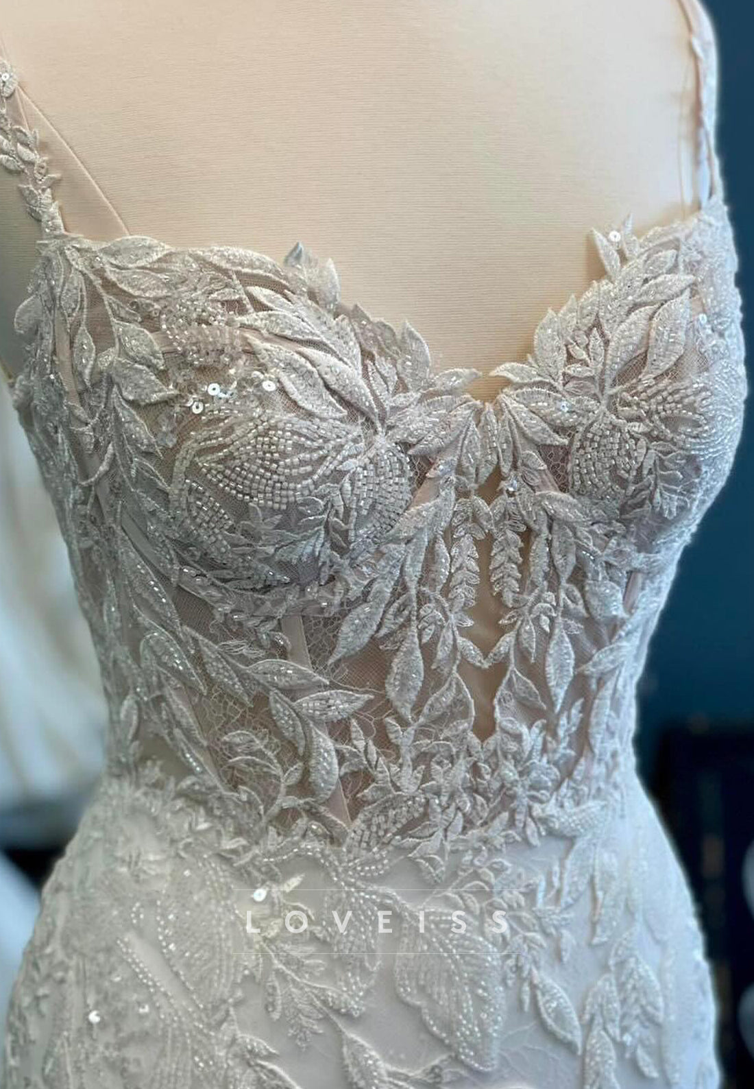 Sweetheart Appliques Spaghetti Straps Tulle Mermaid Weddingg Dress