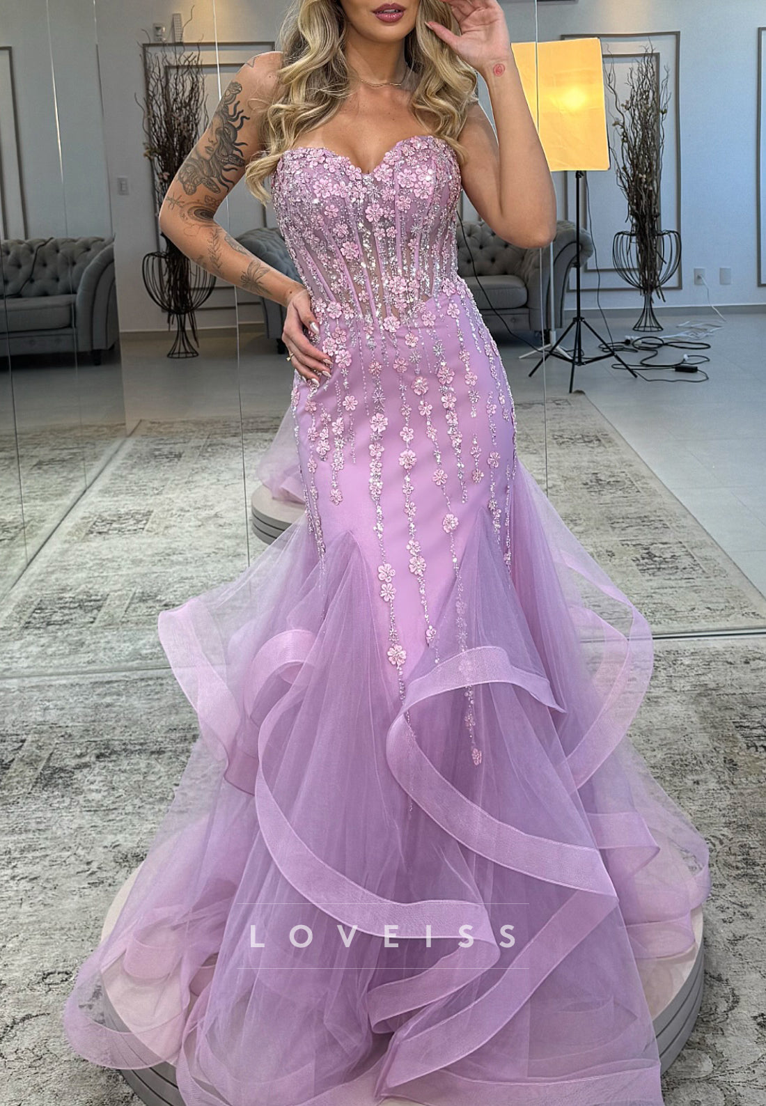 Sweetheart Appliques Tiered Mermaid Prom Dress