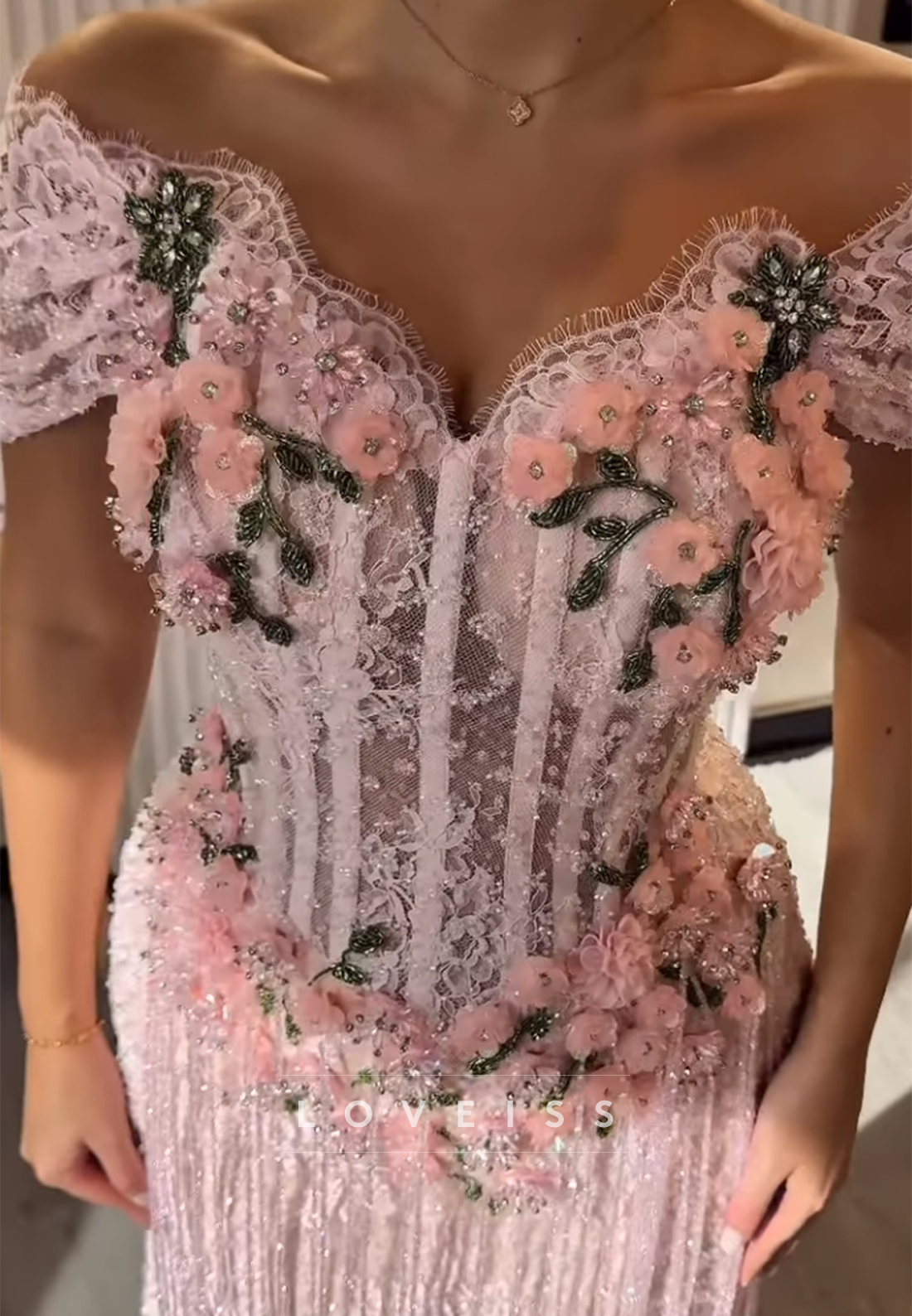 Sweetheart Beaded Fringe Floral Embellished Mermaid Prom Dress