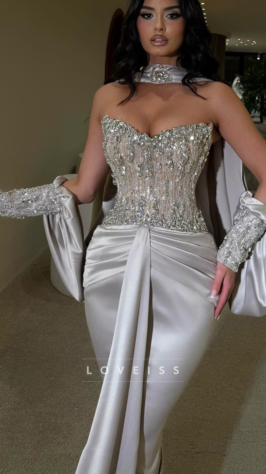 Sweetheart Beaded Mermaid Prom Dress with Gloves