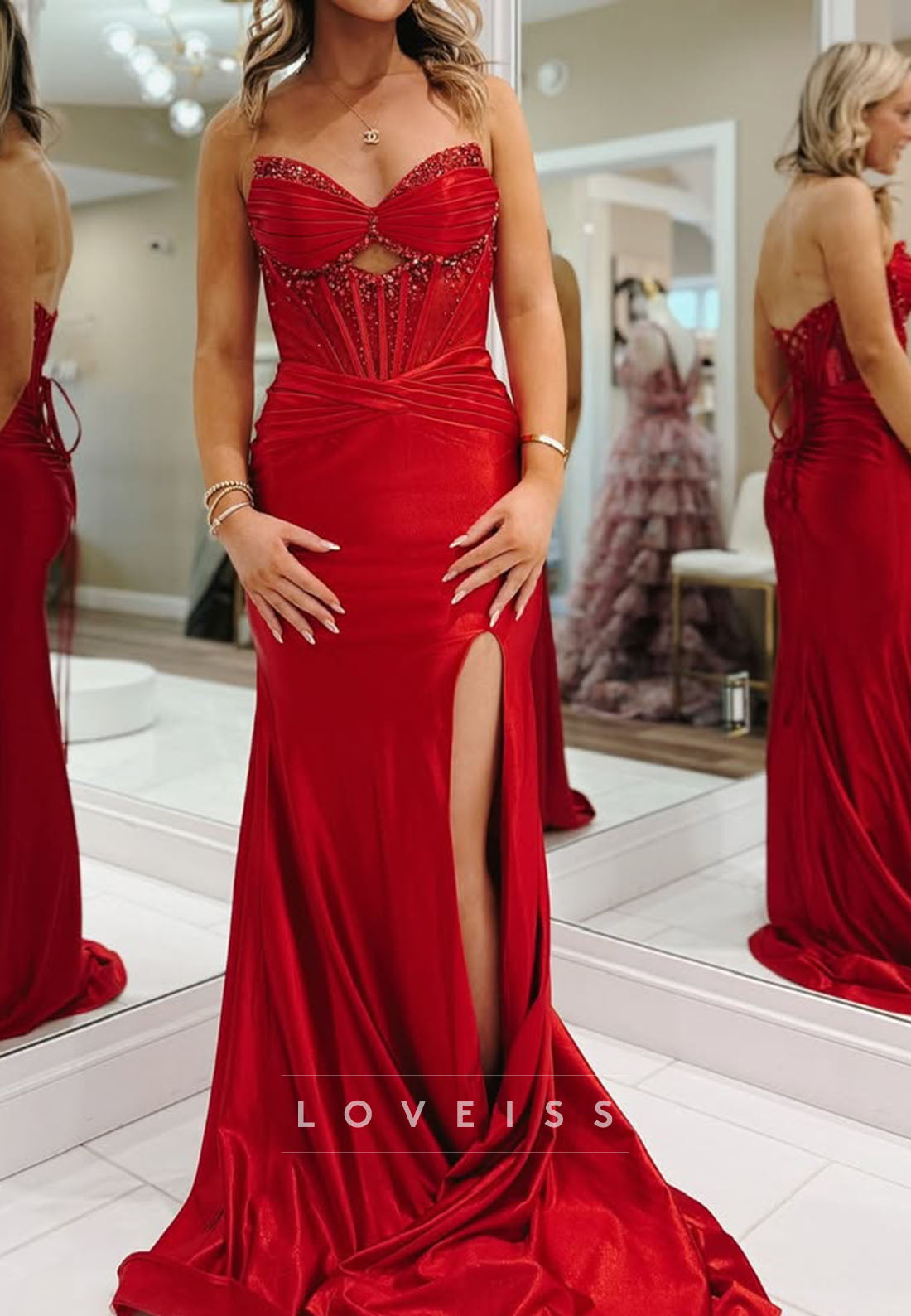 Sweetheart Beaded Pleated Sheath Prom Dress