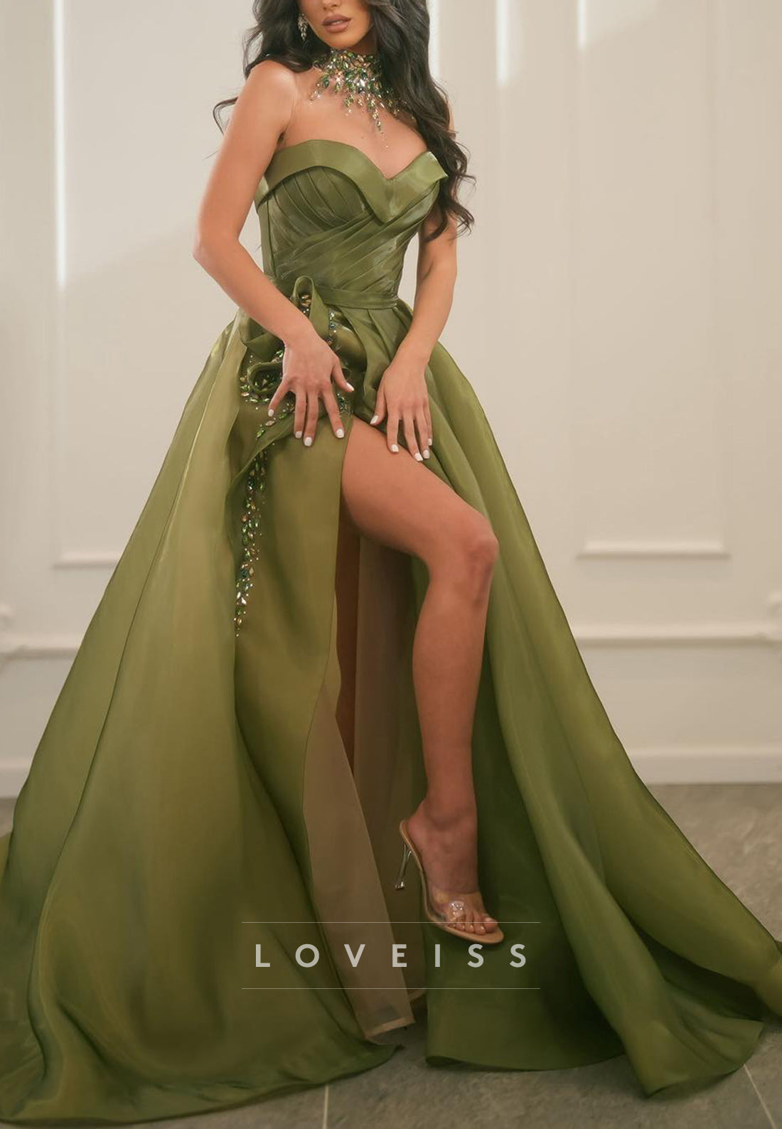 Sweetheart Beaded Side Slit Pleated A-Line Formal Dress