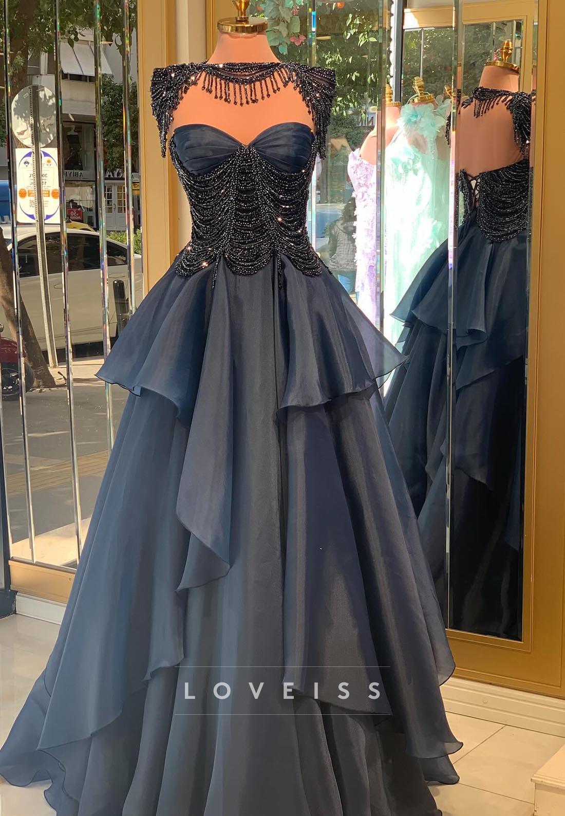 Sweetheart Beaded Tiered A-Line Black Prom Dress