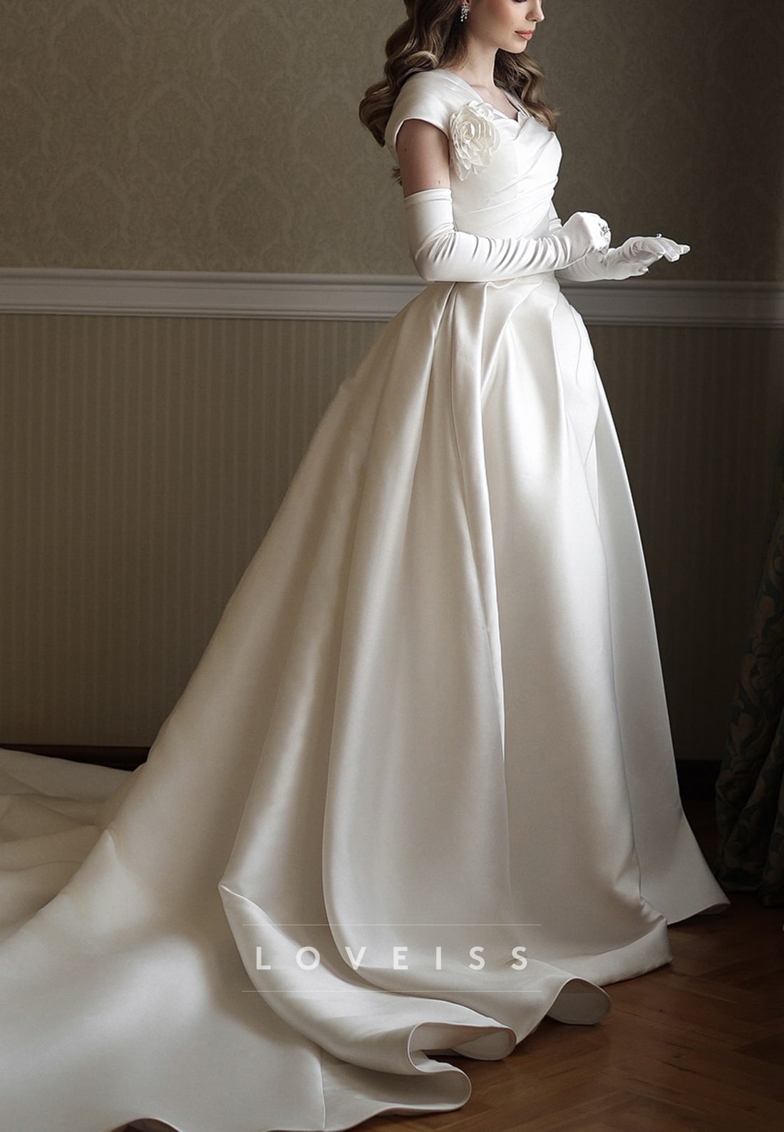 Sweetheart Cap Sleeves Pleated Satin Floral Embellished A-Line Wedding Dress