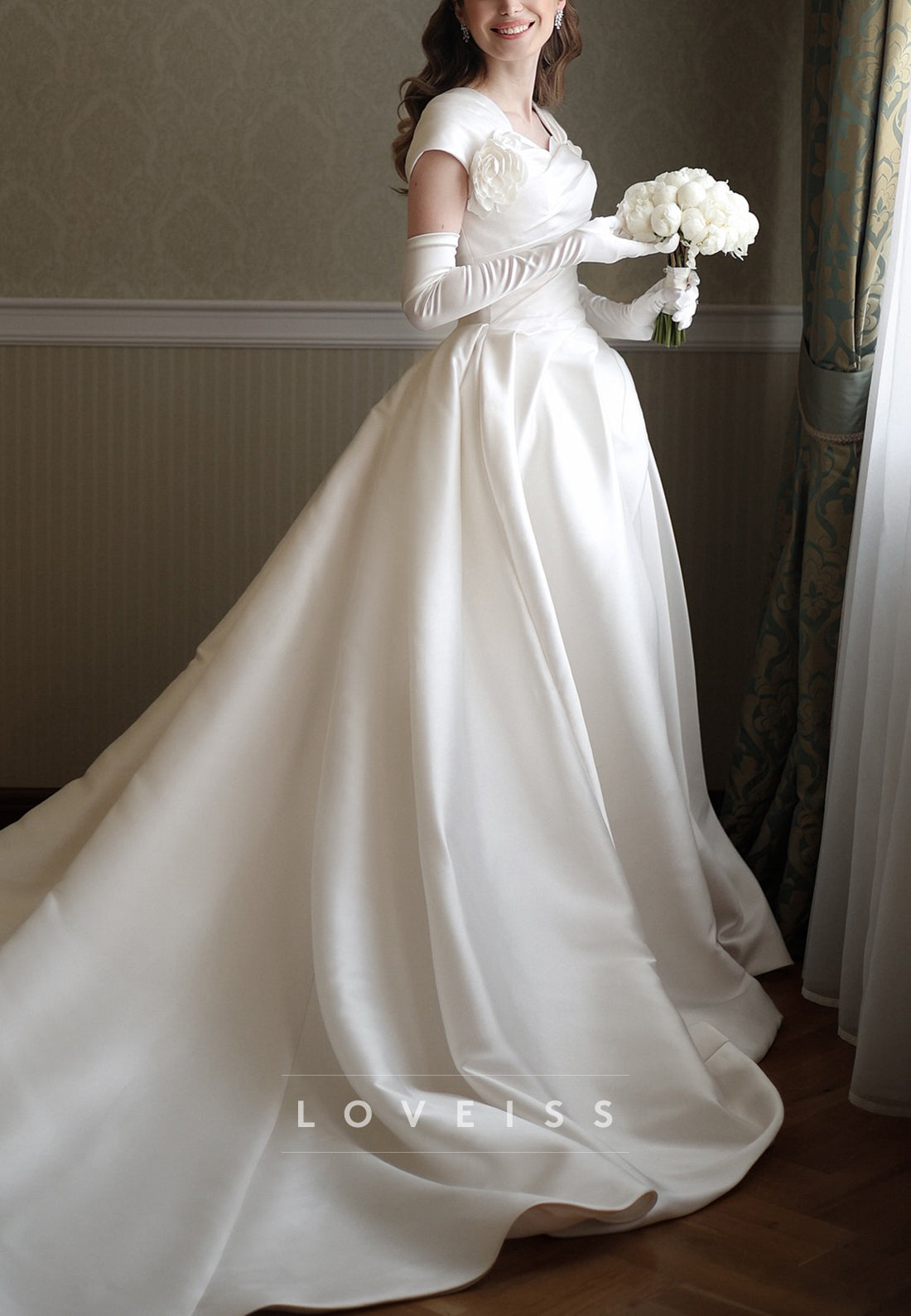 Sweetheart Cap Sleeves Pleated Satin Floral Embellished A-Line Wedding Dress