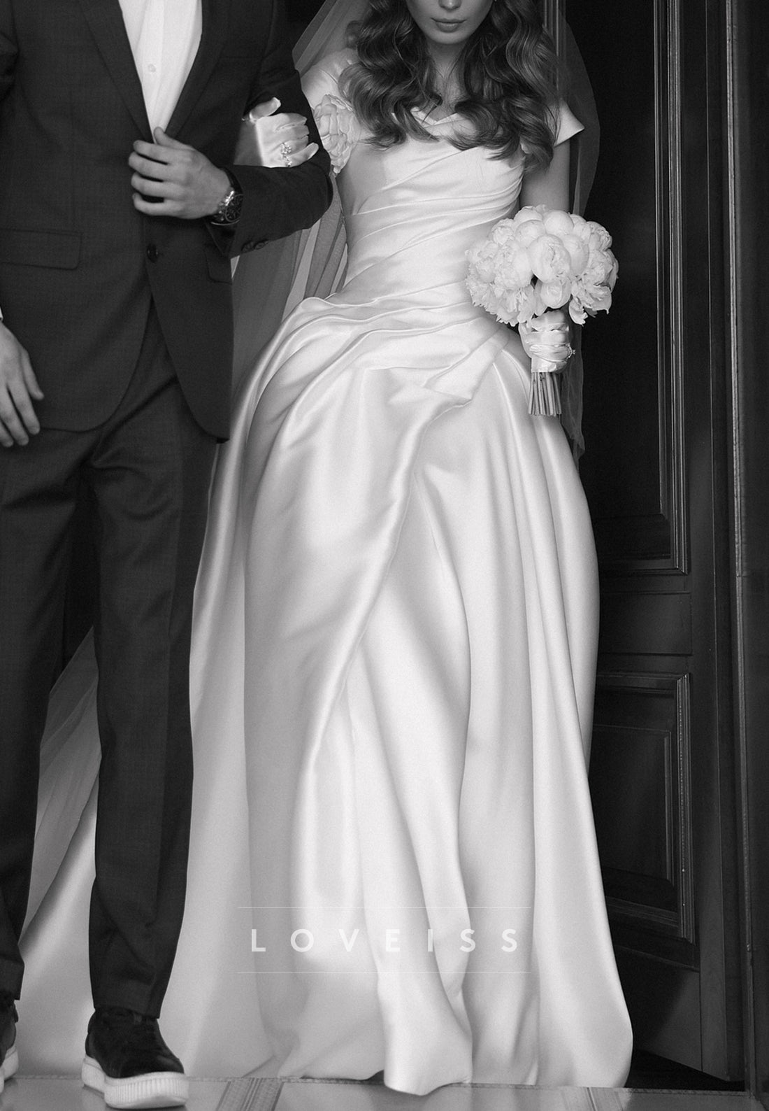 Sweetheart Cap Sleeves Pleated Satin Floral Embellished A-Line Wedding Dress