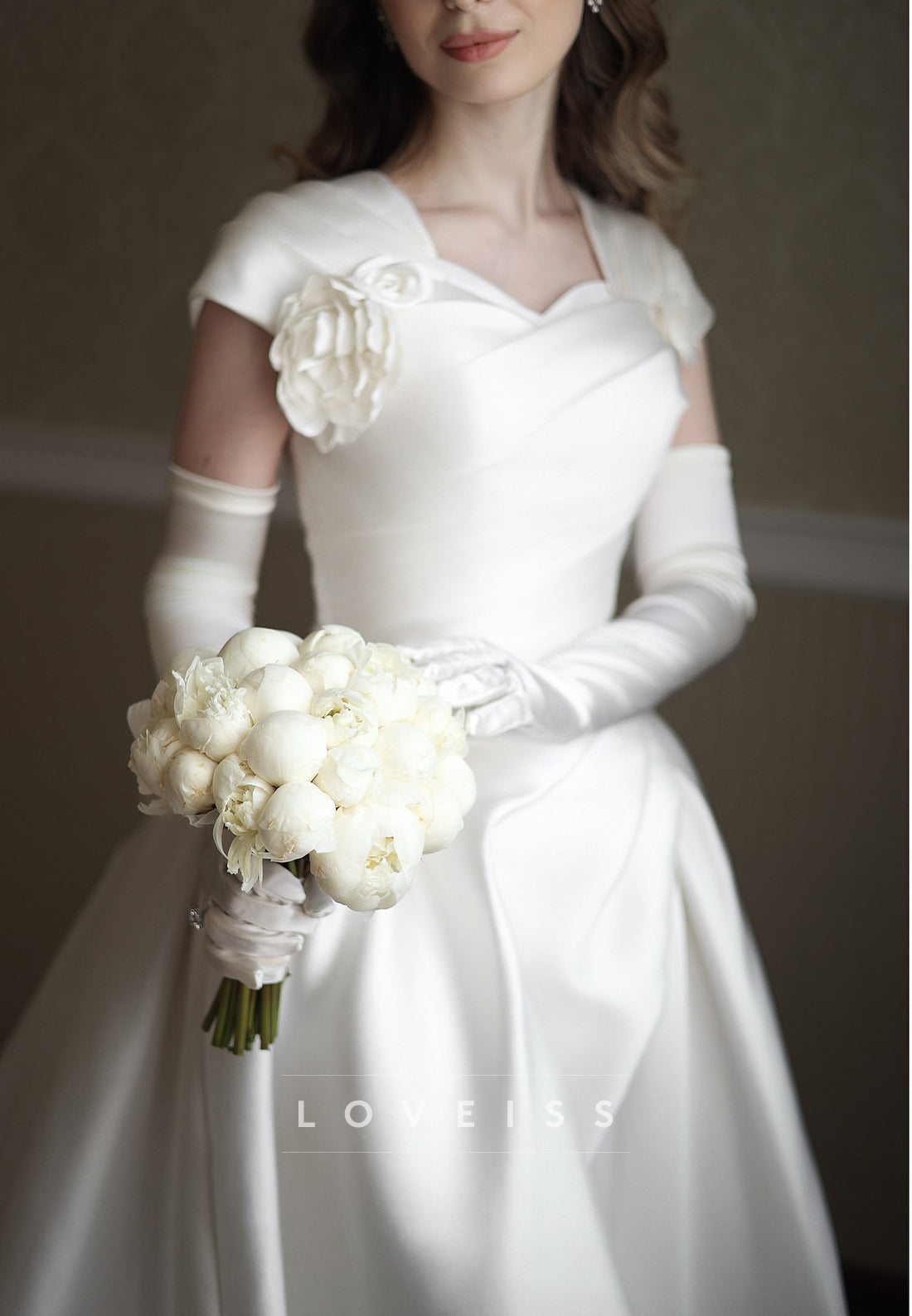 Sweetheart Cap Sleeves Pleated Satin Floral Embellished A-Line Wedding Dress