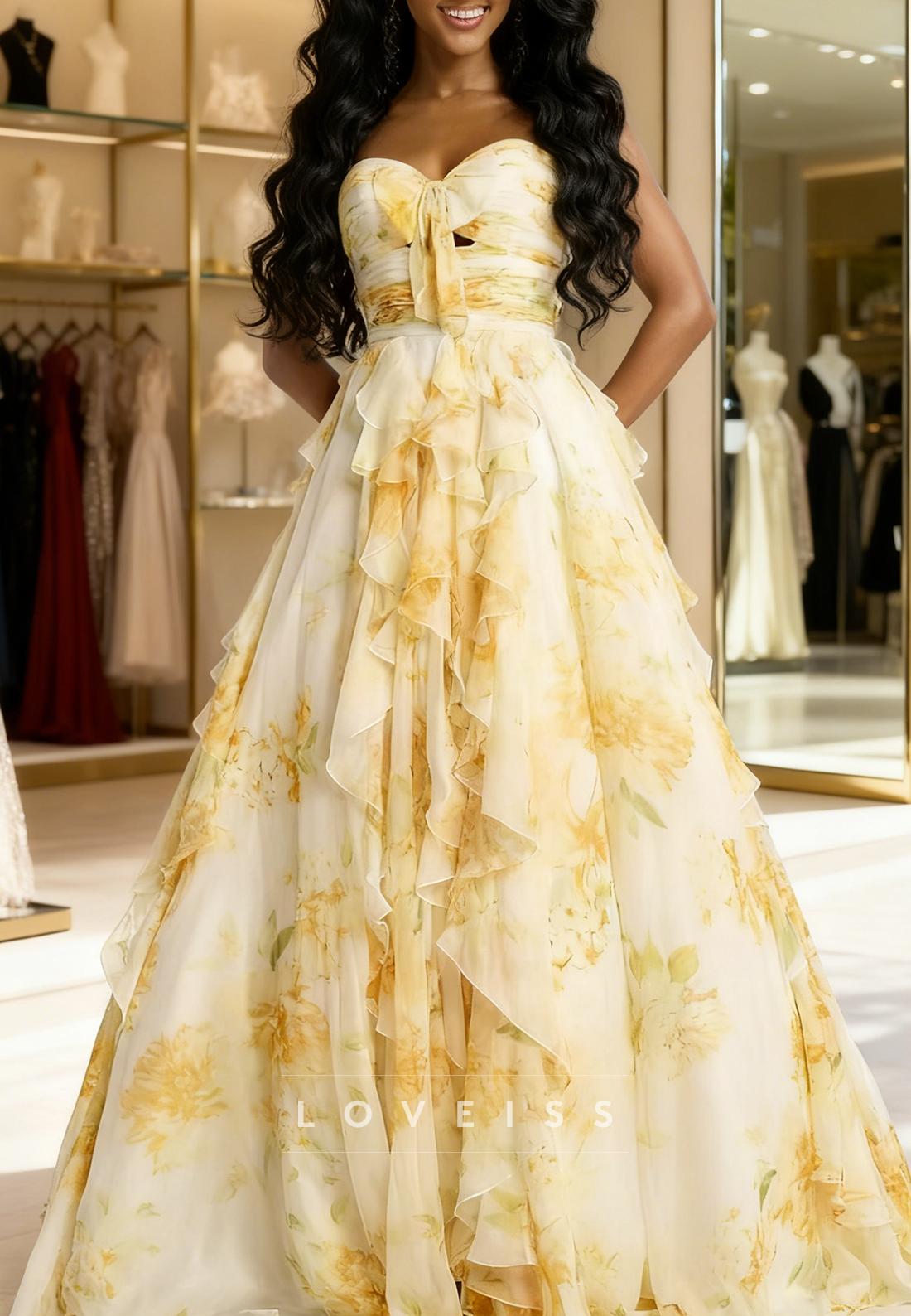 Sweetheart Chiffon Floral Printed Tiered A-Line Prom Dress