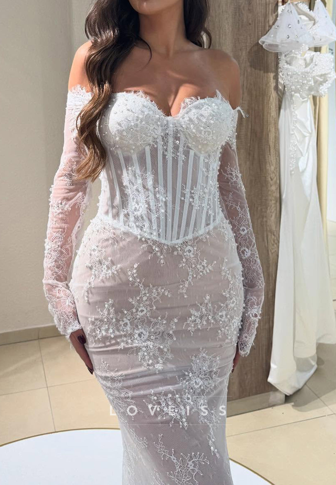 Sweetheart Corset Lace Appliques Long Sleeves Mermaid Wedding Dress