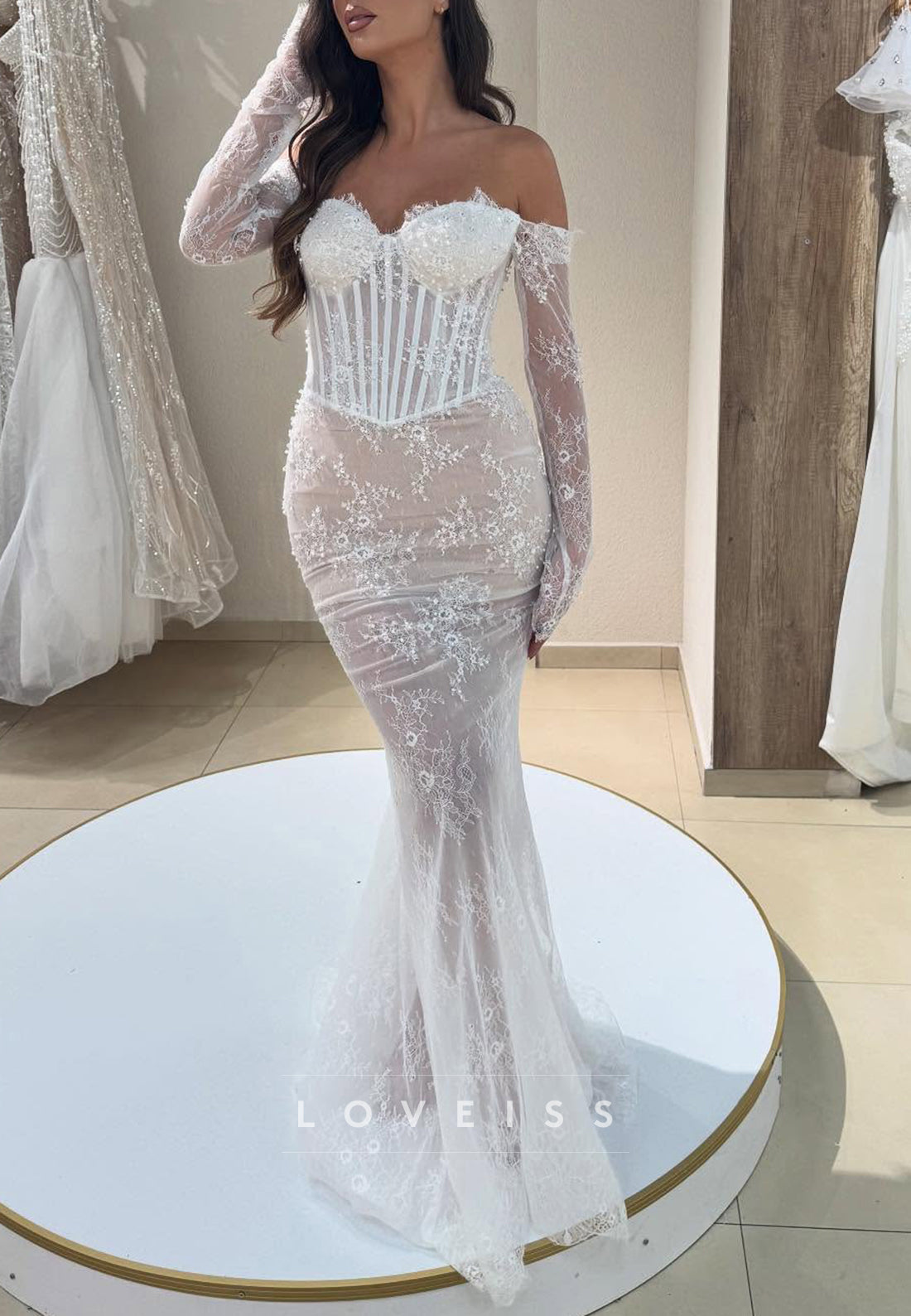 Sweetheart Corset Lace Appliques Long Sleeves Mermaid Wedding Dress – Loveiss Sweetheart Corset Lace Appliques Long Sleeves Mermaid Wedding Dress – Loveiss
