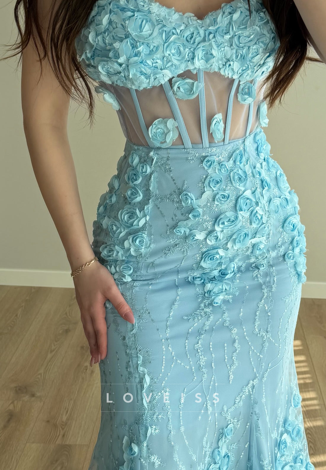 Sweetheart Floral Appliques Sleeveless Mermaid Prom Dress