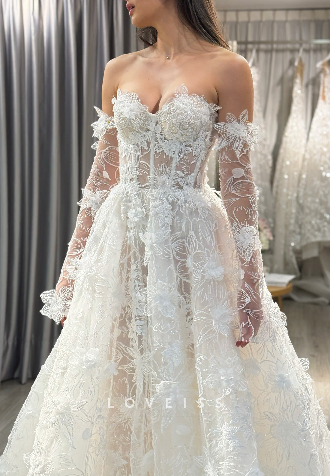 Sweetheart Floral Embellished A-Line Wedding Dress with Gloves