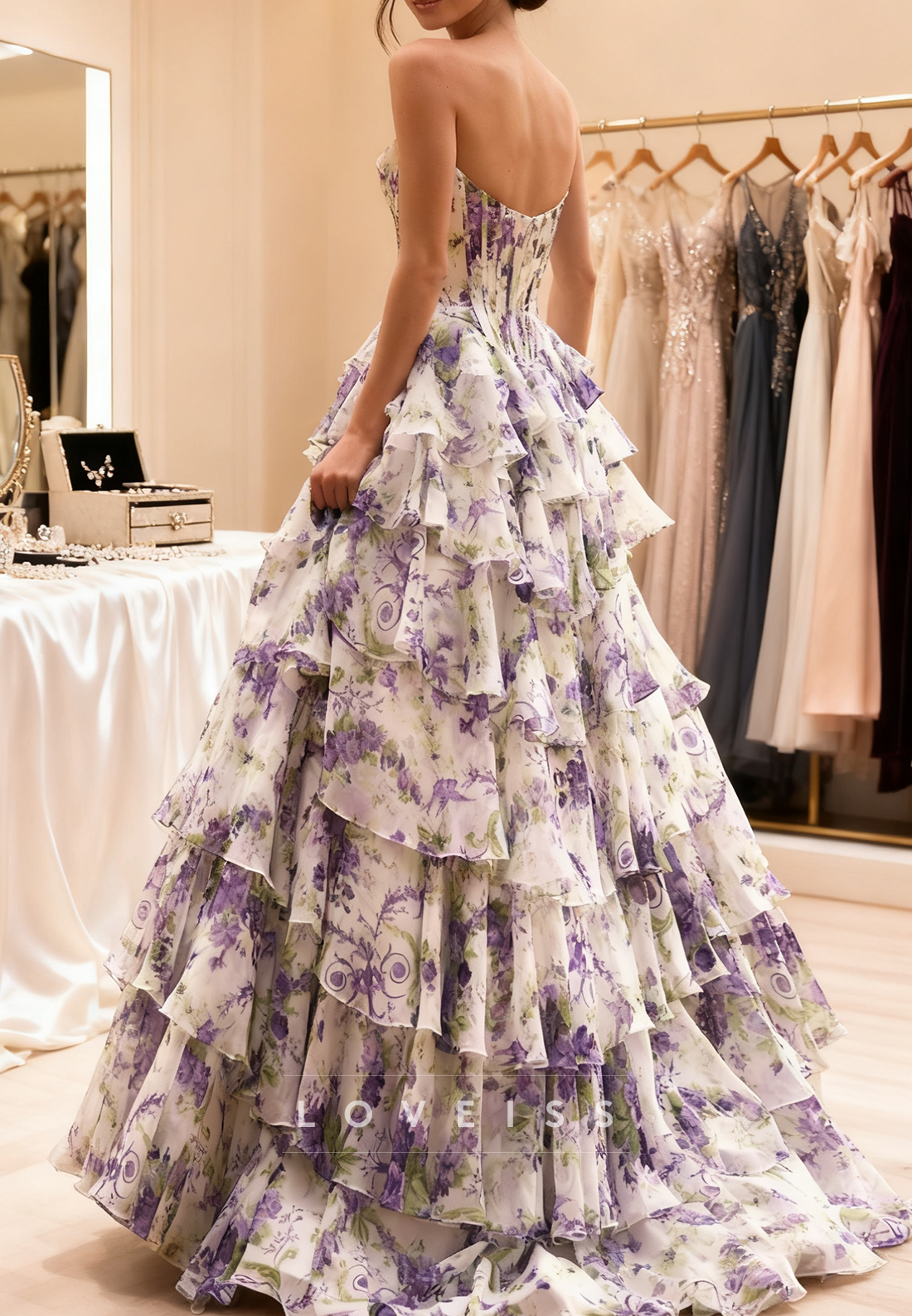 Sweetheart Floral Printed Appliques Chiffon Prom Dress