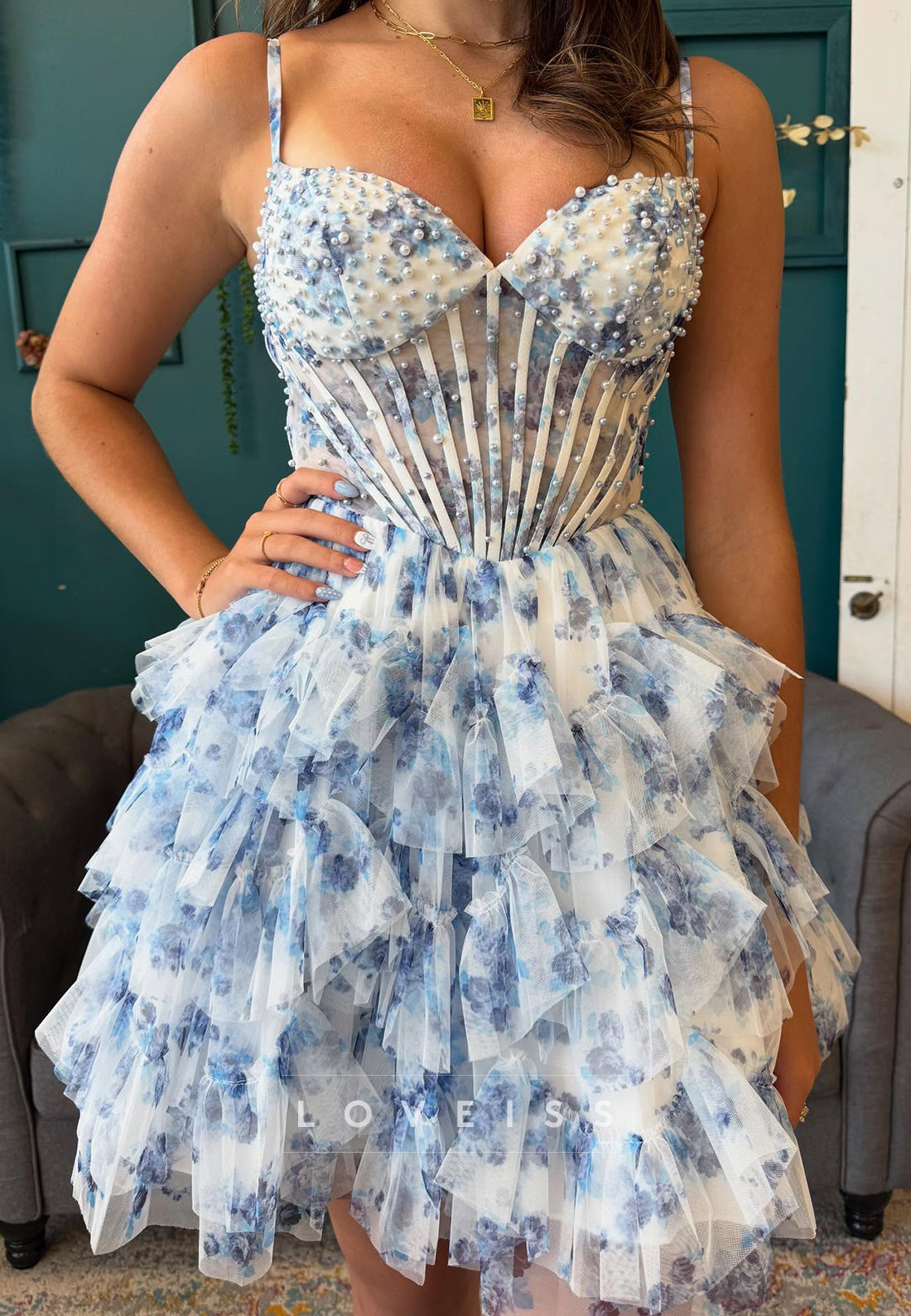 Sweetheart Floral Printed Tiered A-Line Party Homecoming Dress