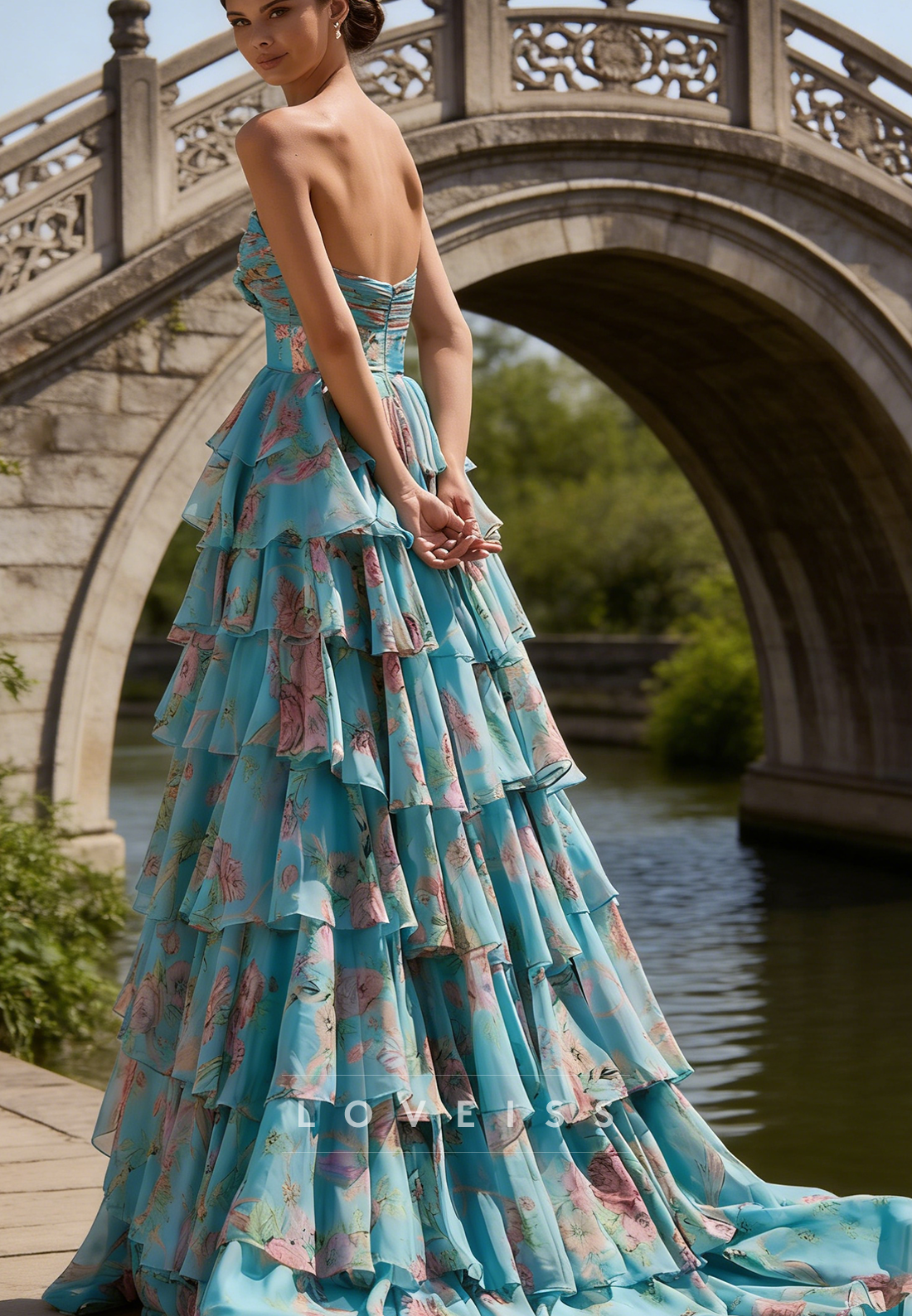 Sweetheart Floral Printed Tiered A-Line Prom Dress