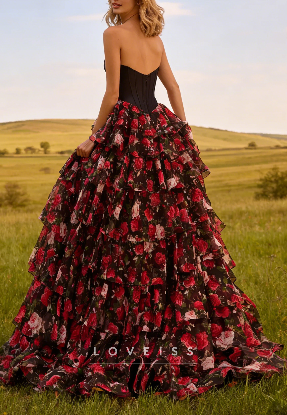Sweetheart Floral Printed Tiered A-Line Prom Dress