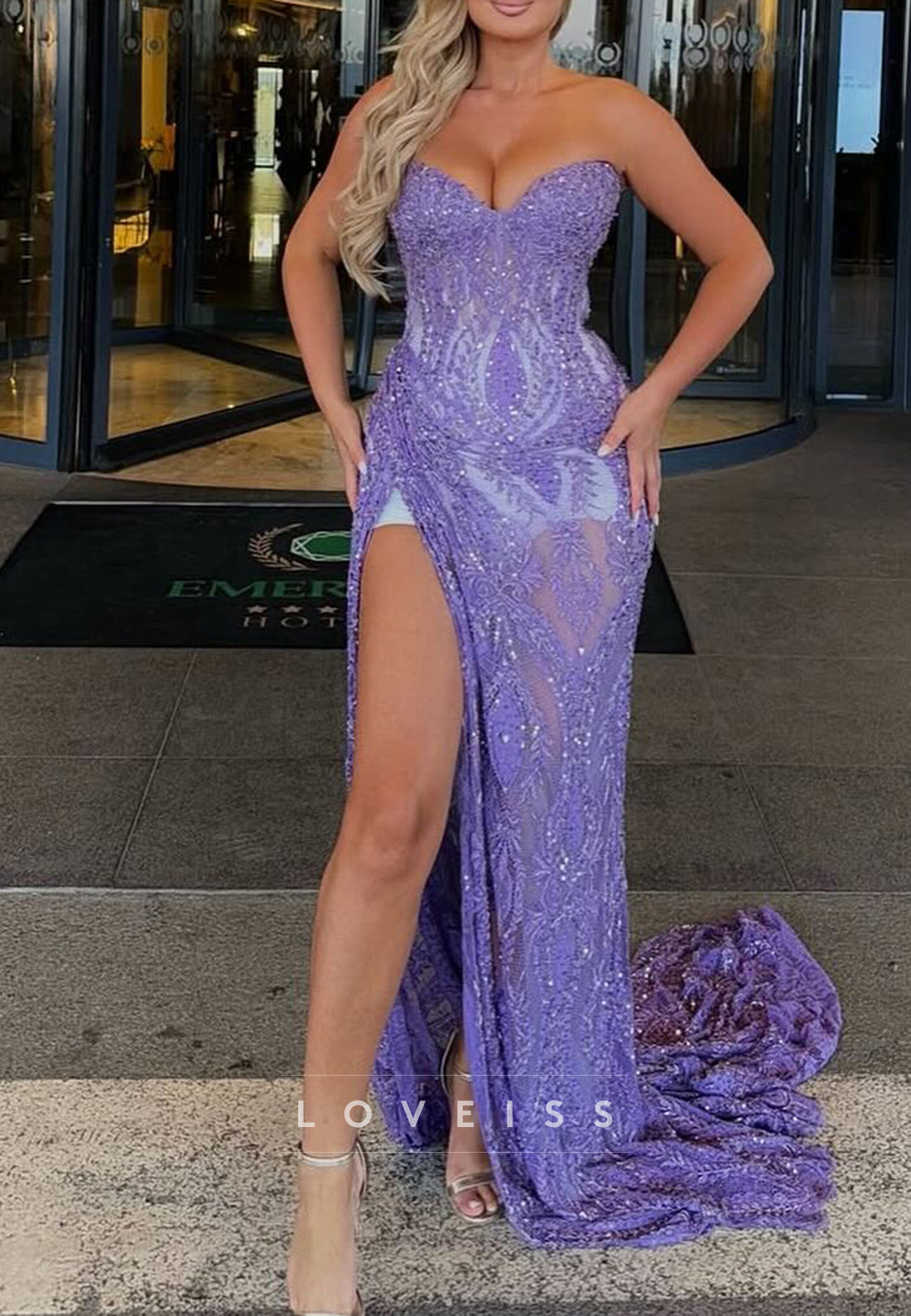 Sweetheart High Slit Appliques Sheath Prom Dress