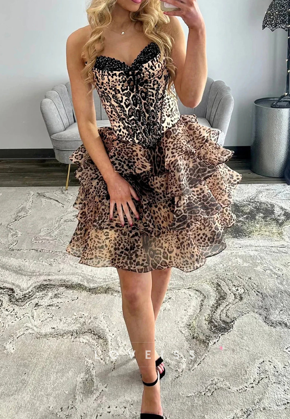 Sweetheart Leopart Printed Tiered A-Line Homecoming Dress Loveiss Sweetheart Leopart Printed Tiered A-Line Homecoming Dress Loveiss